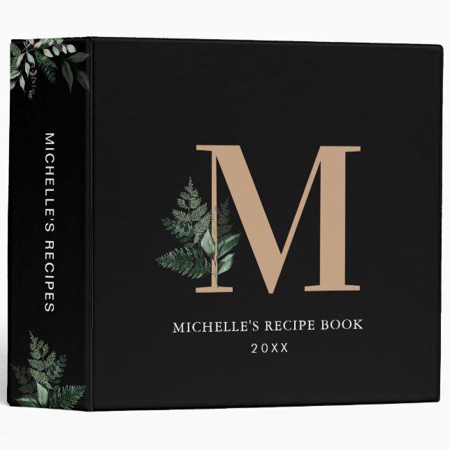 Classeur Élégant monogramme Livre de recettes noir (Devant/Côté)