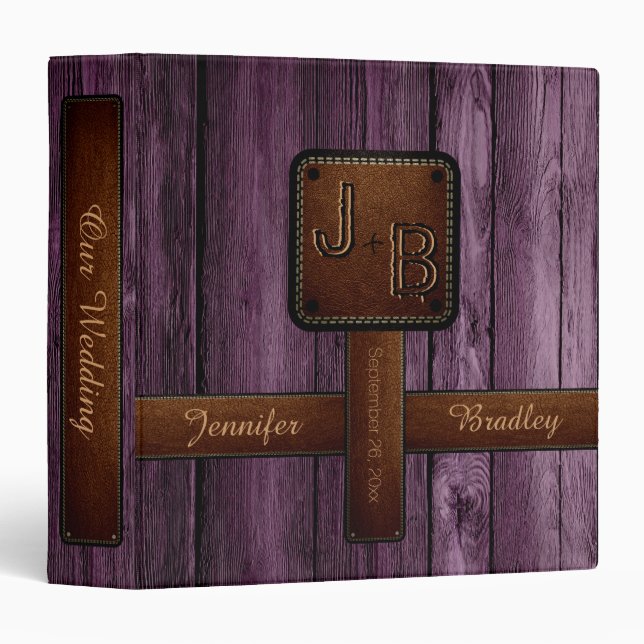 Classeur Élégant Monogramme Mariage en cuir de bois Look #3 (Devant/Côté)