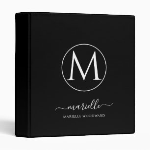 Classeur Élégant Monogramme noir blanc Nom du script