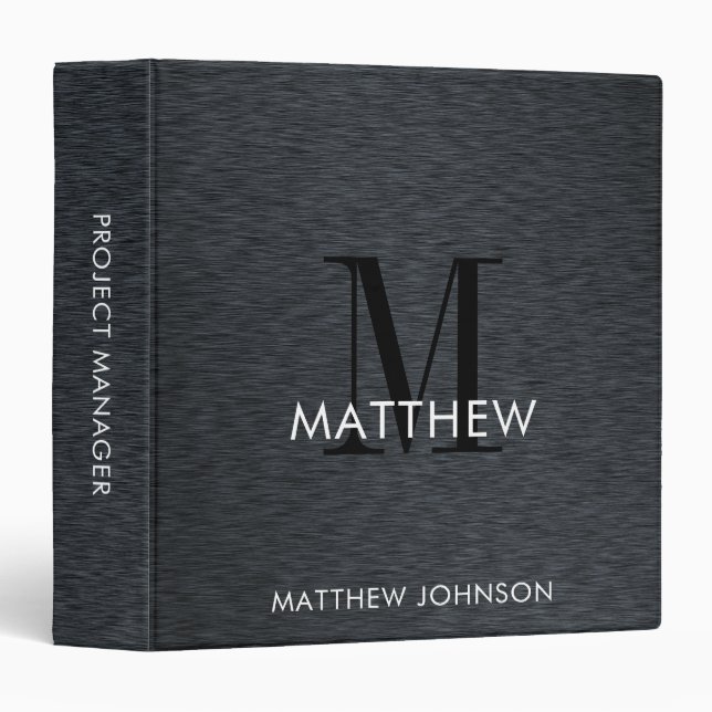 Classeur Élégant Monogramme Noir brossé Métal moderne Offic (Devant/Côté)