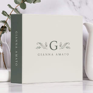 Classeur Élégant Monogramme & Nom Botanique Vert & Crème