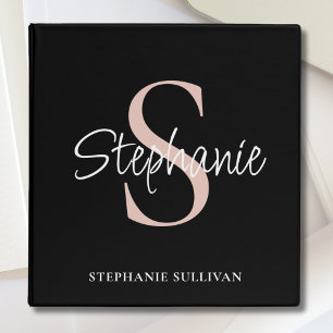 Classeur Élégant Monogramme Nom de script Black Blush Rose
