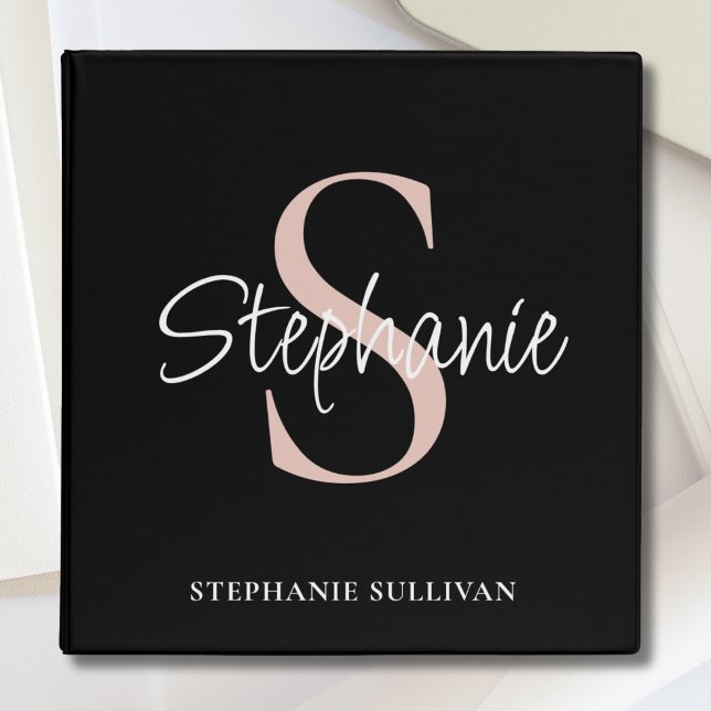 Classeur Élégant Monogramme Nom de script Black Blush Rose (Créateur téléchargé)