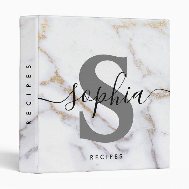 Classeur Élégant Monogramme Nom de script Marble Gold Recet (Devant/Côté)