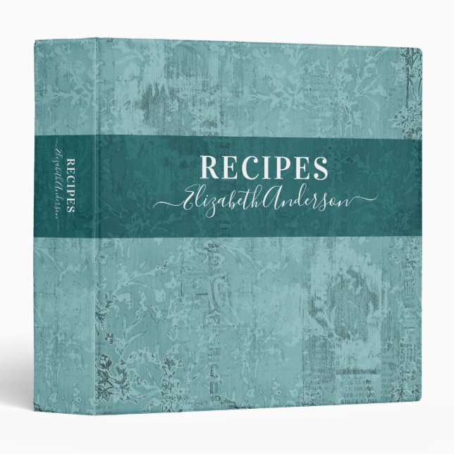 Classeur Élégant Monogramme Nom de script Turquoise Recette (Devant/Côté)