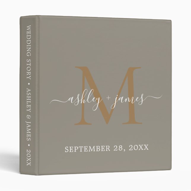Classeur Élégant Monogramme or Script Mariage gris (Devant/Côté)