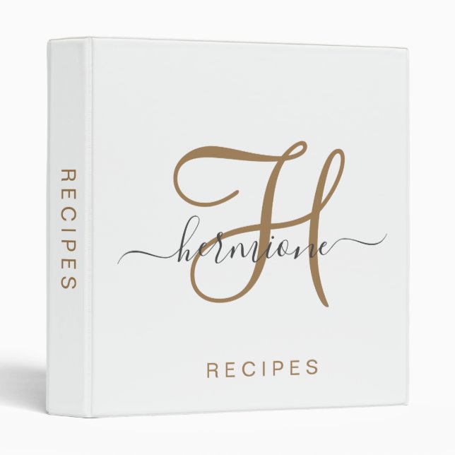Classeur Élégant Monogramme Or Script Nom Noir Recette (Devant/Côté)