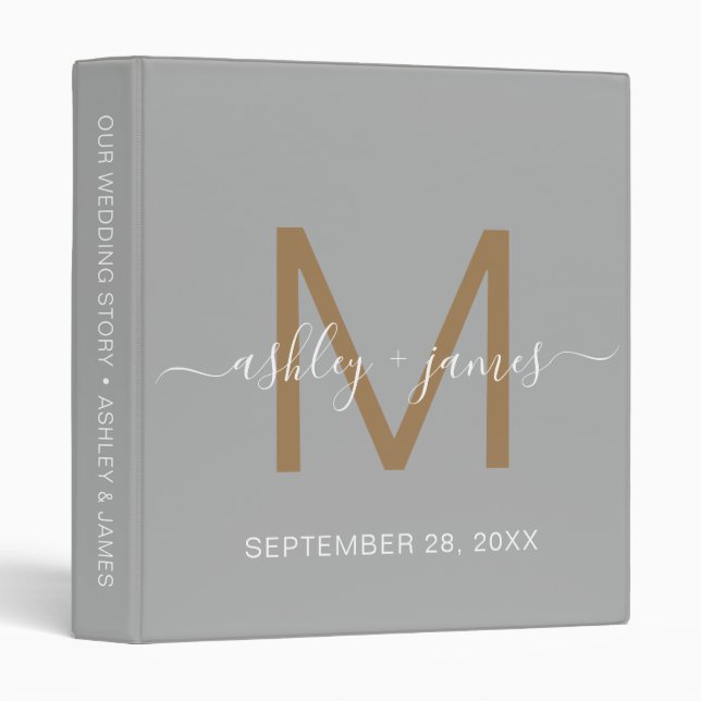 Classeur Élégant Monogramme or Script Wedding planner gris (Devant/Côté)