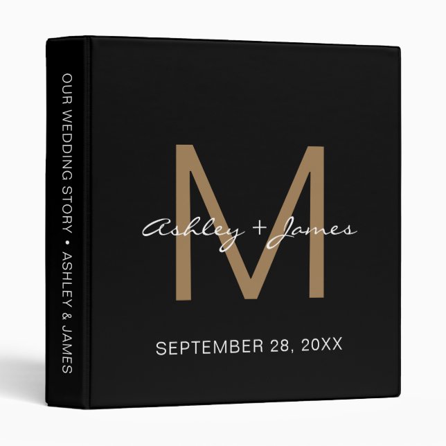 Classeur Élégant Monogramme Or Script Wedding planner noir (Devant/Côté)