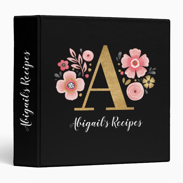 Classeur Élégant Monogramme rose noir recette de livre de c (Devant/Côté)