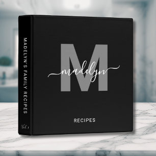 Classeur Élégant Monogramme Script Noir Blanc Recette