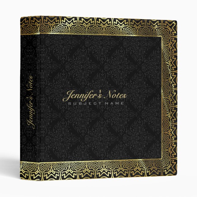 Classeur Elégant Monotones Noirs Damas & Gold Frame (Devant/Côté)