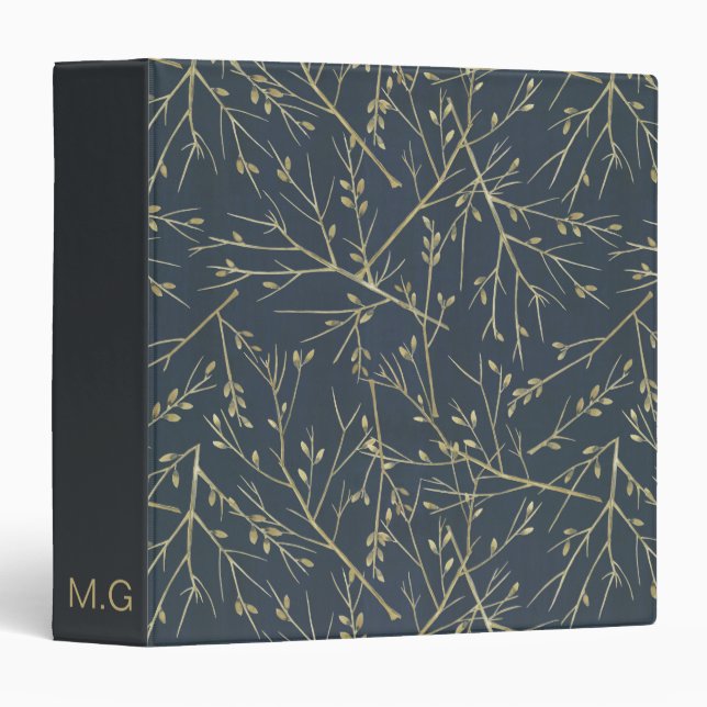 Classeur Elegant Nature Branches Pattern Blue Monogram (Devant/Côté)