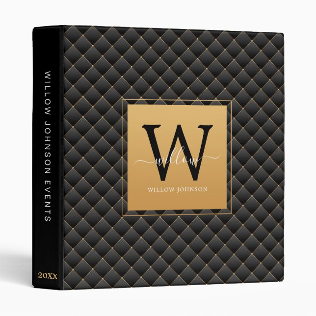 Classeur Élégant Noir Classé Monogramme Initial Script (Devant/Côté)