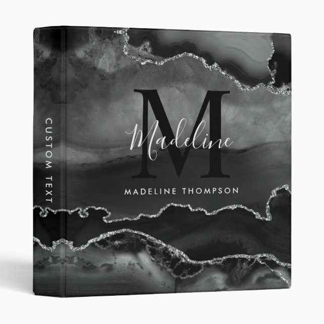 Classeur Élégant noir Gris Gris Gris Marbre Agate Monogramm (Devant/Côté)