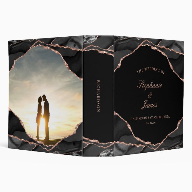 Classeur Élégant noir Rose Gold Foil Agate Mariage Album (Arrière-plan)