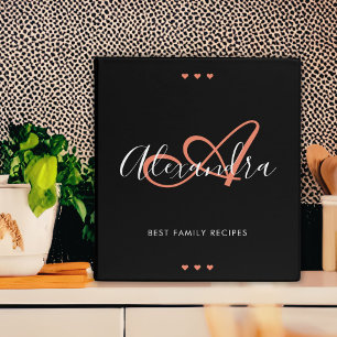 Classeur Élégant noir rose Nom de script Monogramme Recette