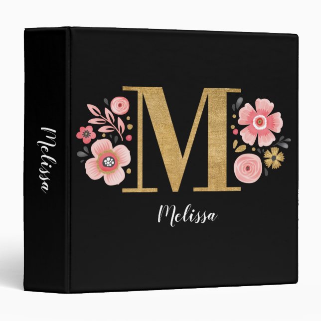 Classeur Élégant nom de monogramme noir rose floral Script (Devant/Côté)