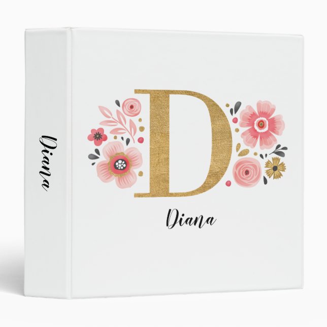 Classeur Élégant nom de monogramme rose blanc Script floral (Devant/Côté)