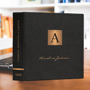 Classeur Élégant nom de script moderne en or noir monogramm