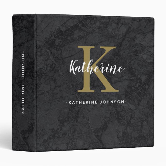 Classeur Élégant Nom Monogramme Noir Marbre Or Script (Devant/Côté)