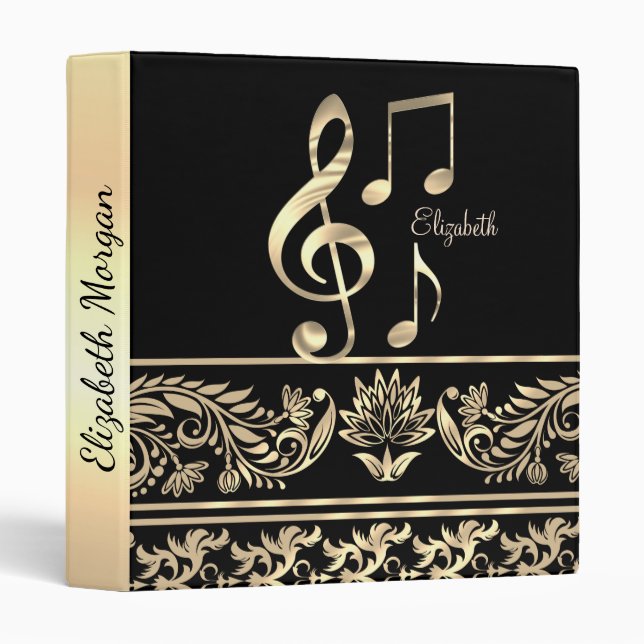 Classeur Élégant or floral, Clé de violon, Note (Devant/Côté)