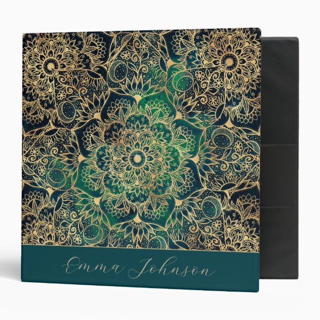 Classeur Elégant or Mandala Floral Vert bleu (Devant/intérieur)