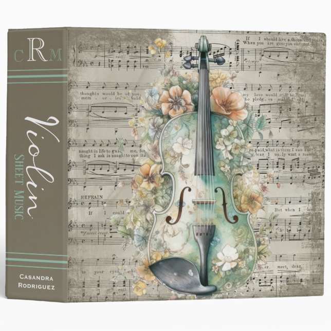 Classeur Élégant Personnalisé Monogram Violon Partition Mus (Devant/Côté)