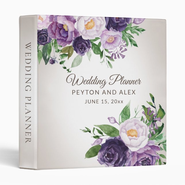 Classeur Élégant Plum Purple Lavande Mariage Floral Plans (Devant/Côté)