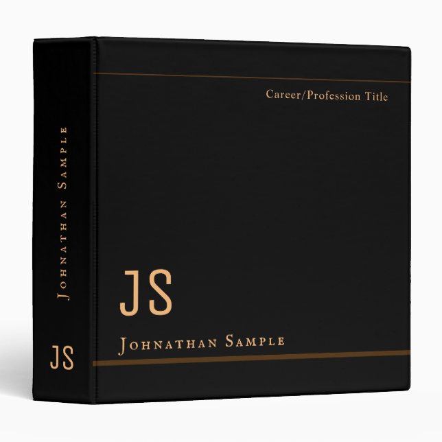Classeur Élégant professionnel noir et or Monogramme (Devant/Côté)