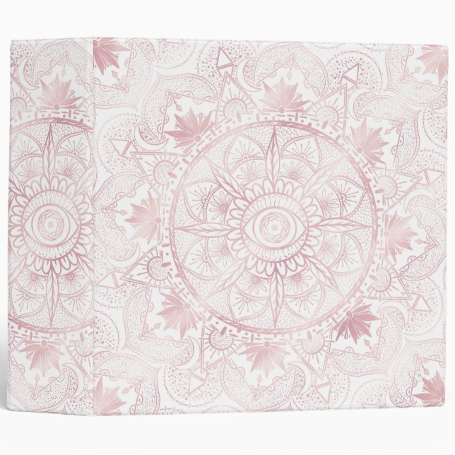 Classeur Elégant Rose Blanc Or Oeil Soleil Lune Mandala (Devant/Côté)