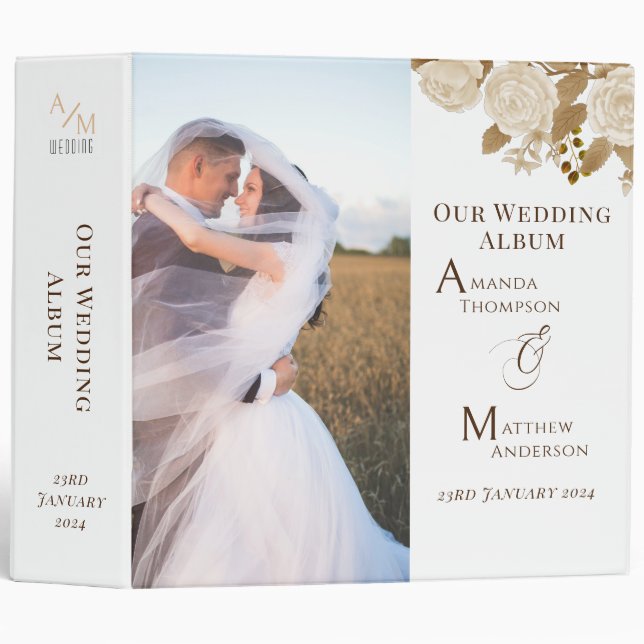 Classeur Élégant Rose chic Monogramme photo blanche (Devant/Côté)