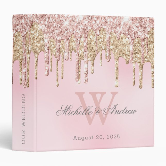 Classeur Élégant Rose Parties scintillant or  Drives Monogr (Devant/Côté)