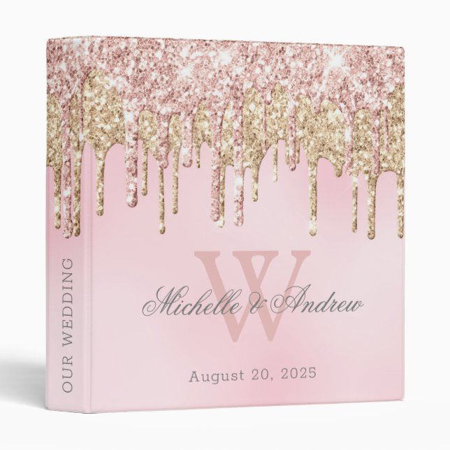 Classeur Élégant Rose Parties scintillant or  Drives Monogr (Devant/Côté)