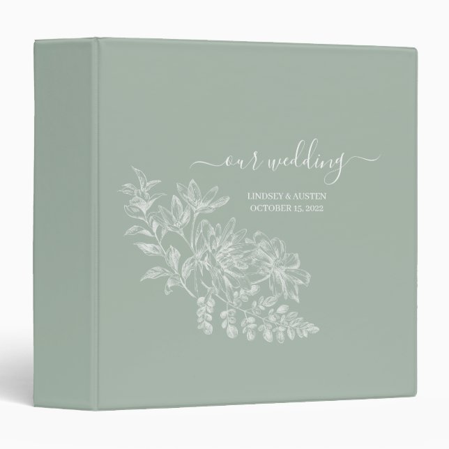 Classeur Élégant Sage vert et blanc Script (Devant/Côté)