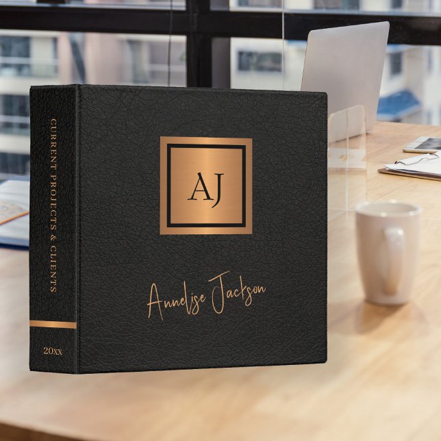 Classeur Élégant script de nom de monogramme noir bureau or (Créateur téléchargé)