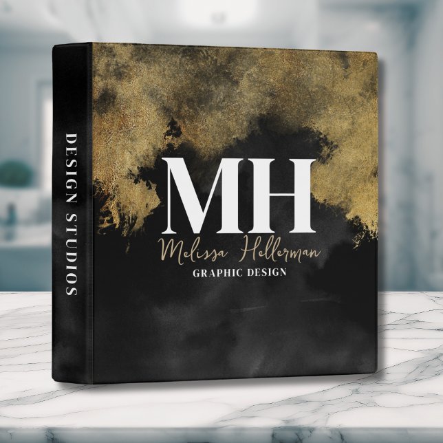 Classeur Élégant Script Monogram Black Gold (Professional School Elegant Monogram Black Gold 3 ring binder)