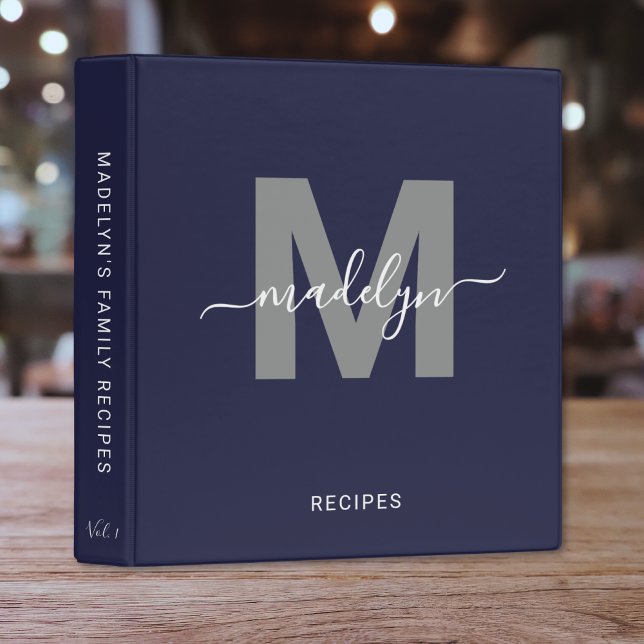 Classeur Élégant Script Monogram Navy Blue Recette (Elegant Script Monogram Navy Blue Recipe 3 ring binder)