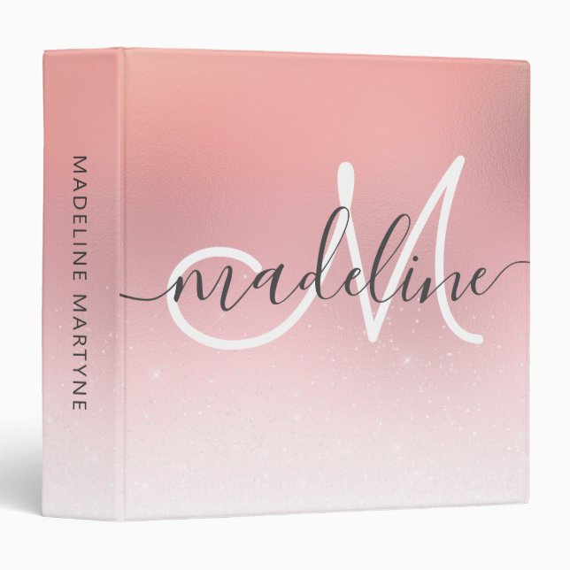 Classeur Élégant Script Monogram Rose Parties scintillant o (Devant/Côté)