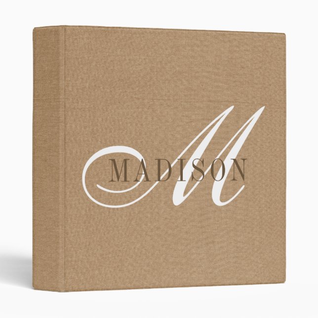 Classeur Élégant Script Monogram Sand Faux Linen (Devant/Côté)