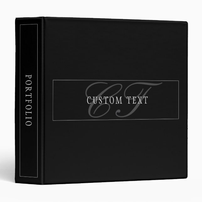 Classeur Élégant Script Monogramme modifiable noir gris bla (Devant/Côté)