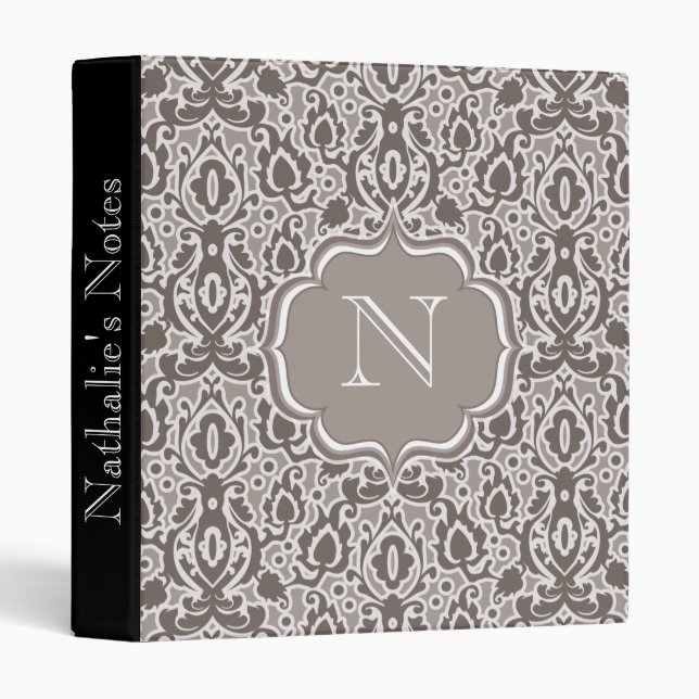 Classeur Elégant Sepia et blanc Monogram Casbah Damask (Devant/Côté)