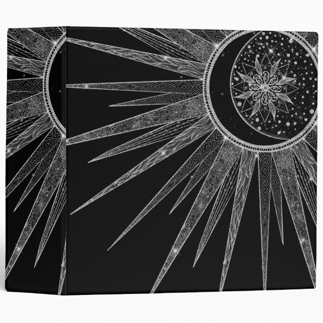 Classeur Elégant Silver Sun Moon Mandala Black Design (Devant/Côté)