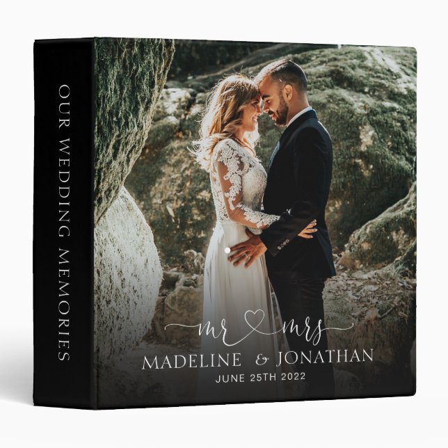 Classeur Elégant Simple Noir M. Mme Heart Mariage photo (Devant/Côté)