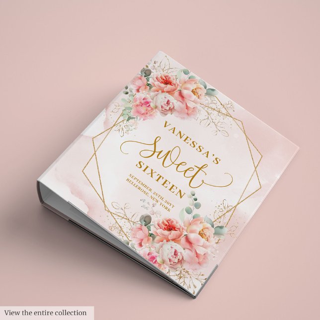 Classeur Élégant Sweet sixteen floral or rose pâle (Elegant Light Pink Sage Gold Floral Sweet Sixteen 3 ring binder )