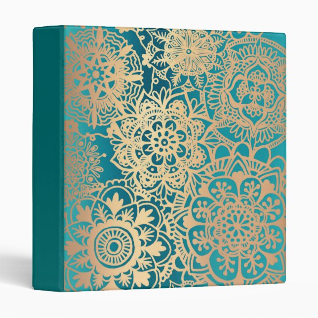 Classeur Elégant Turquoise vert et or Mandala Motif (Devant/Côté)