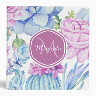 Classeur Élégant violet et bleu Succulent Floral avec nom