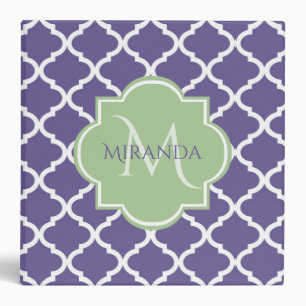 Classeur Élégant violet Quatrefoil et nom vert Monogramme