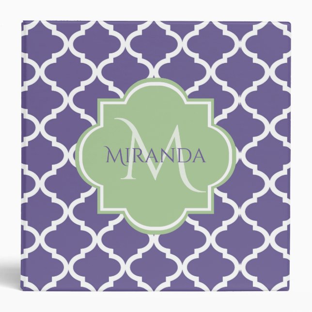 Classeur Élégant violet Quatrefoil et nom vert Monogramme (Devant)