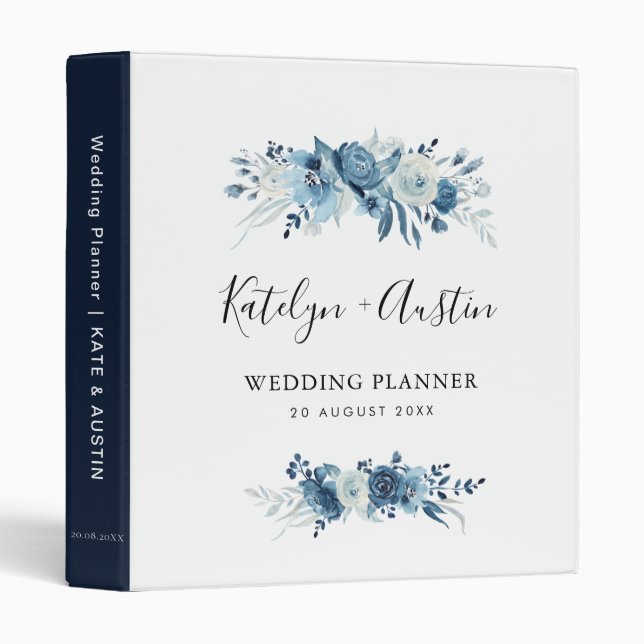 Classeur élégant wedding planner à fleurs bleu (Devant/Côté)